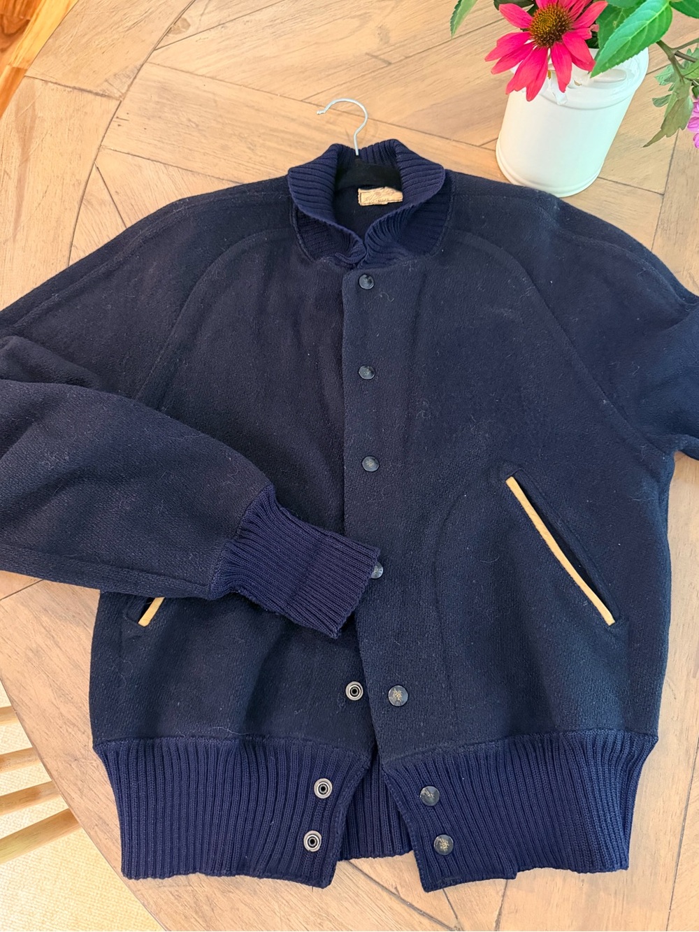Vintage 60’s Navy Wool Blend Bomber Jacket with Leather Trim size 40